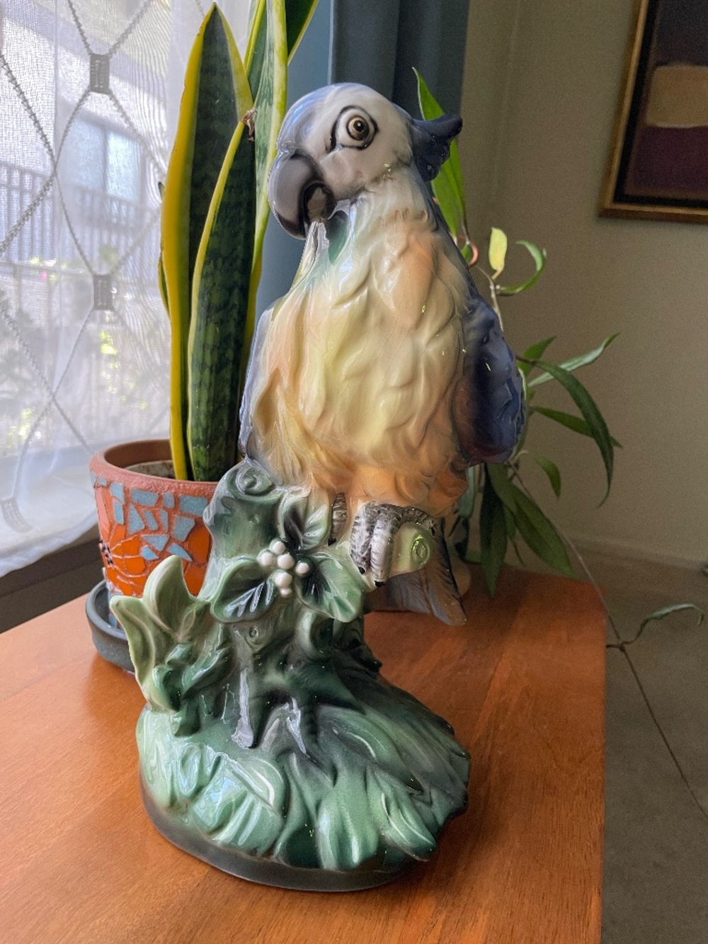 Vintage Italian Ceramic Porcelain Majolica? Parrot Bird Statue Figure 12" Tall